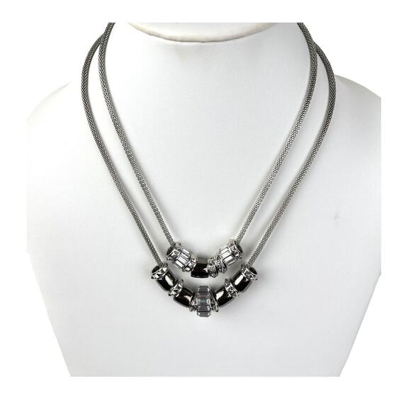 Fashion Necklace Double Strand Slider Faux Hematite Beads Rhinestone Baguettes - Picture 3 of 6